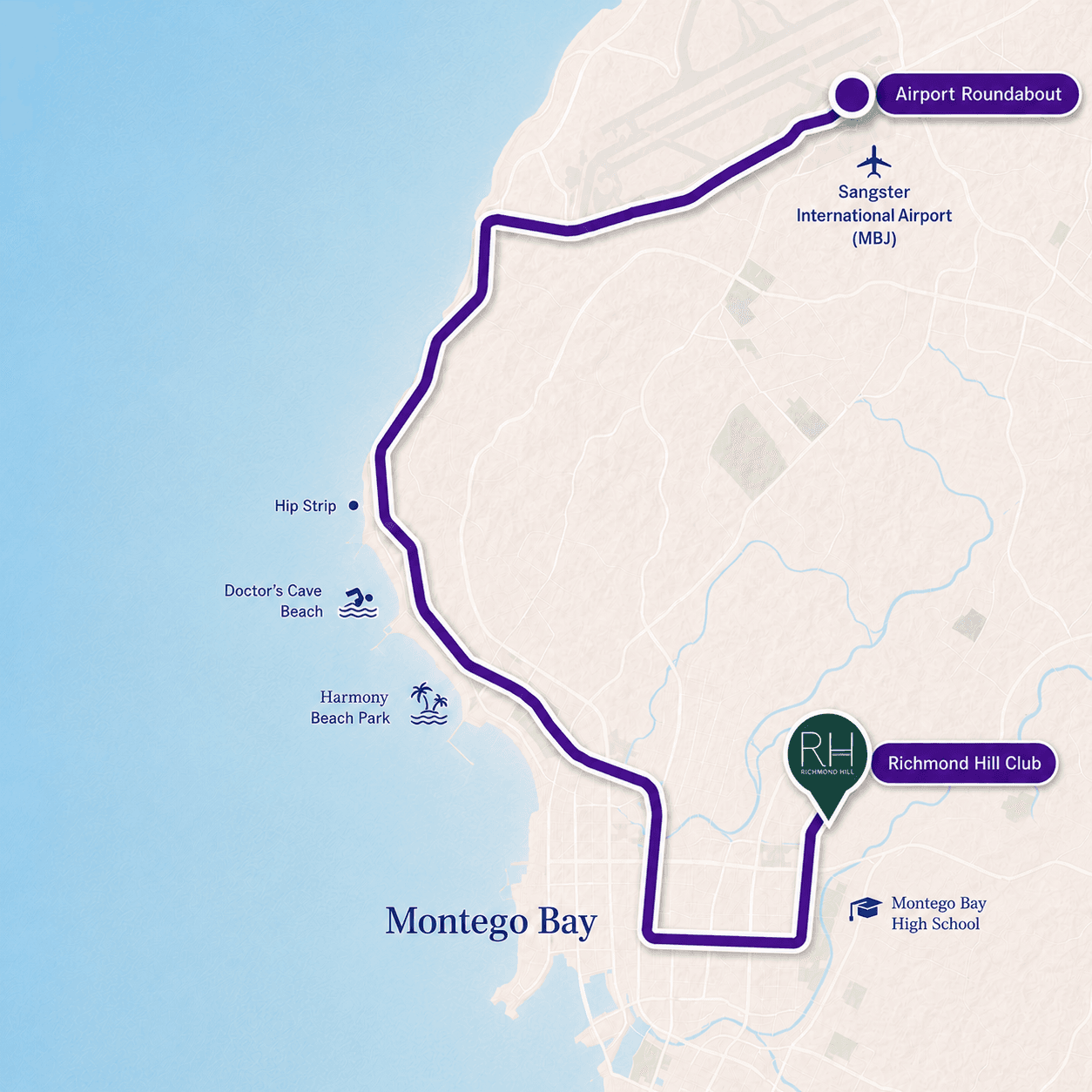 Map of the driving route from Sangster International Airport to Richmond Hill Club, with nearby Montego Bay landmarks
